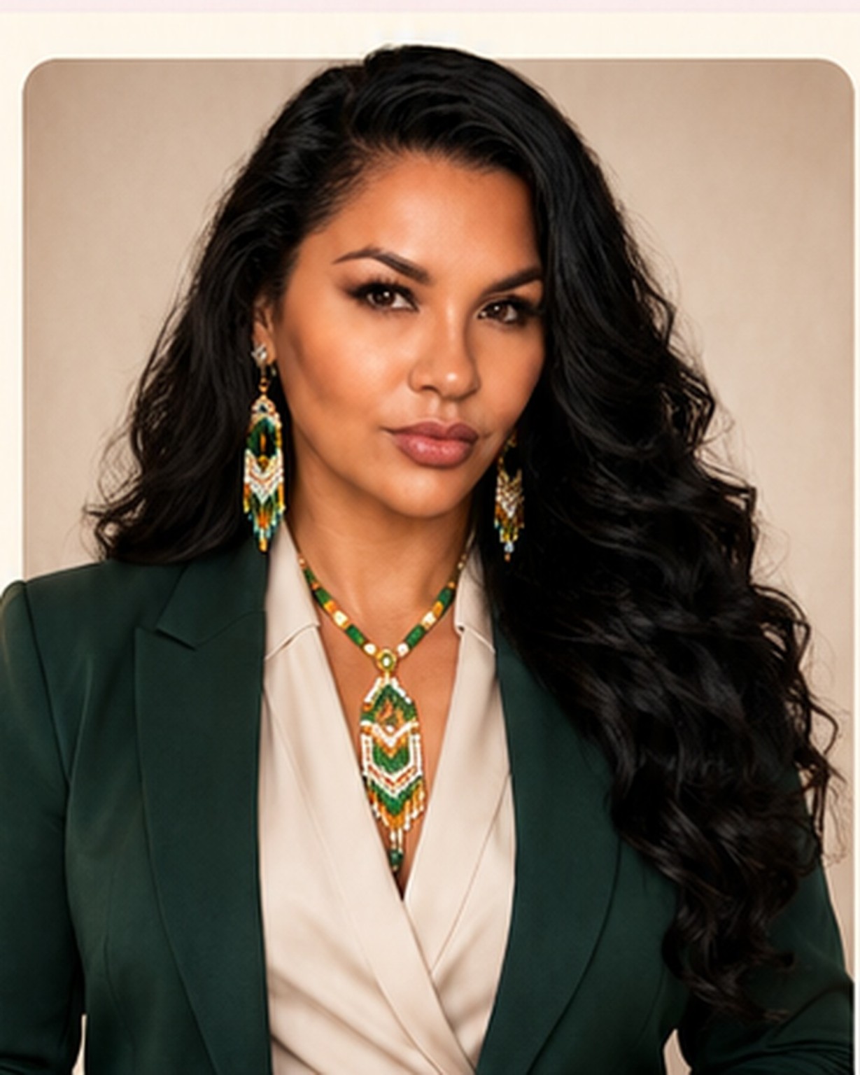 Amber Rodgers in a green blazer with beaded jewelry